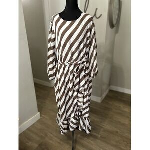 NWOT Lane Bryant Brown & White Striped Blouson-Sleeve Ruffle-Hem Dress‎ 16